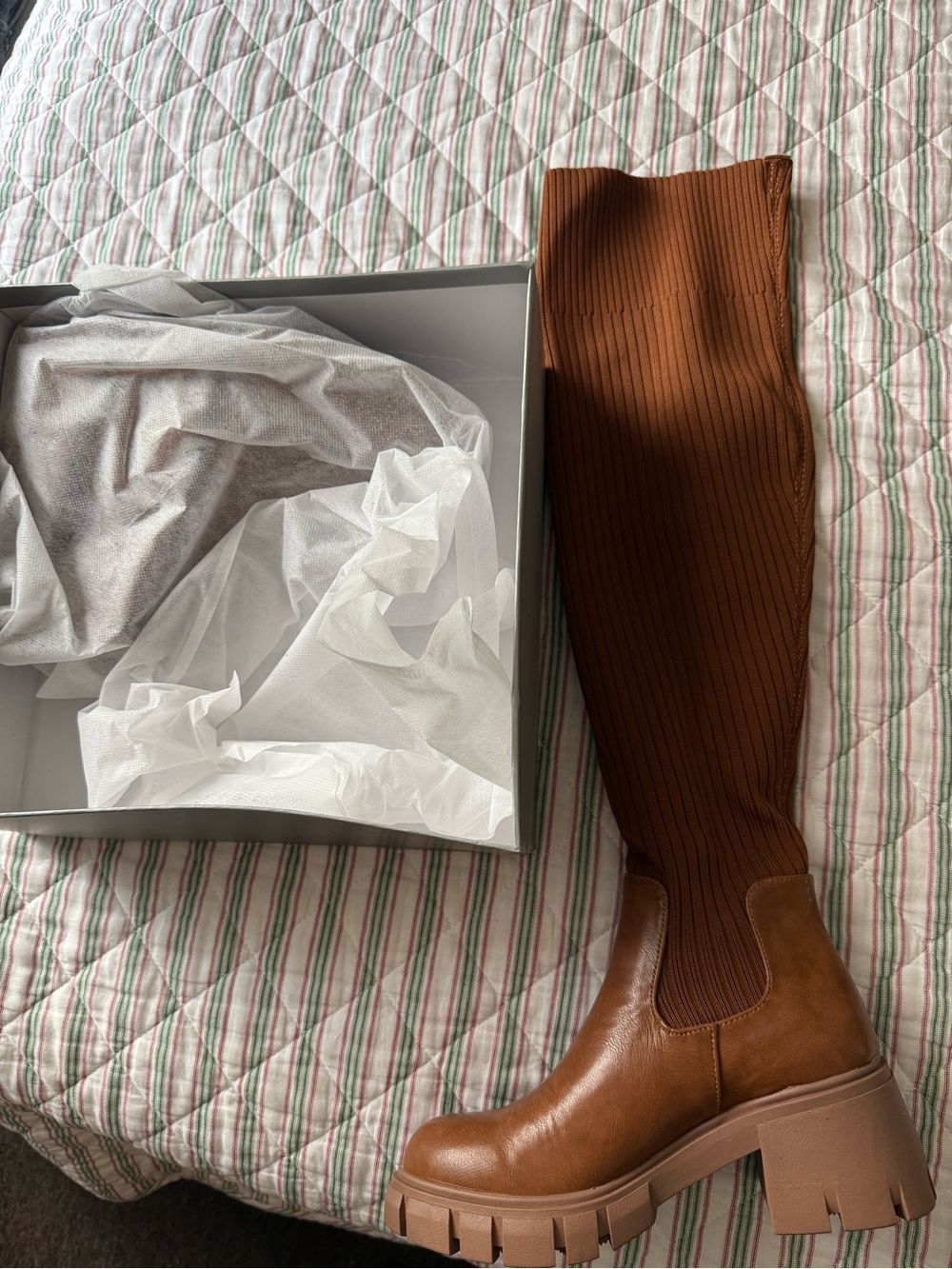 Chunky Lug Sole Knee-High Sock Boot in Brown